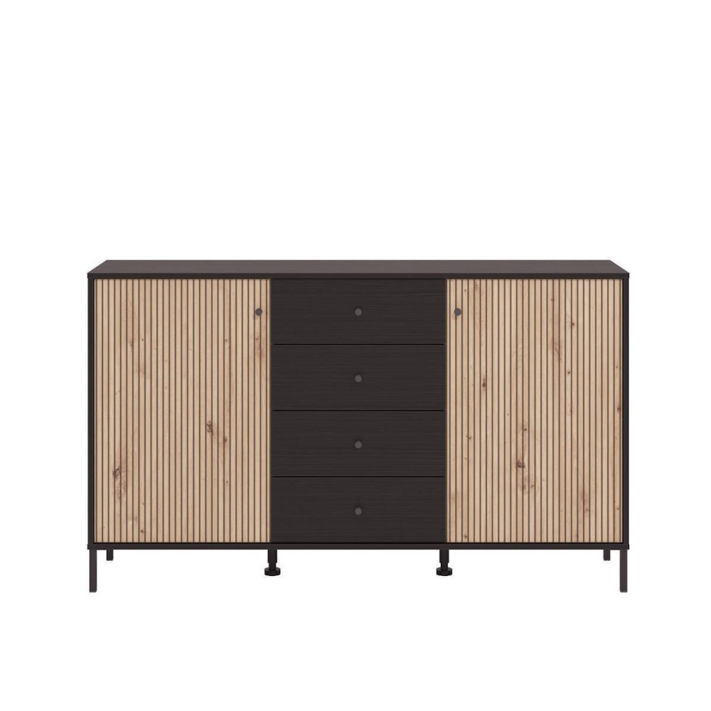 Aparador de Estilo Artisan Negro con 2 Puertas y 4 Cajones - Medidas 157x40x92,5 cm