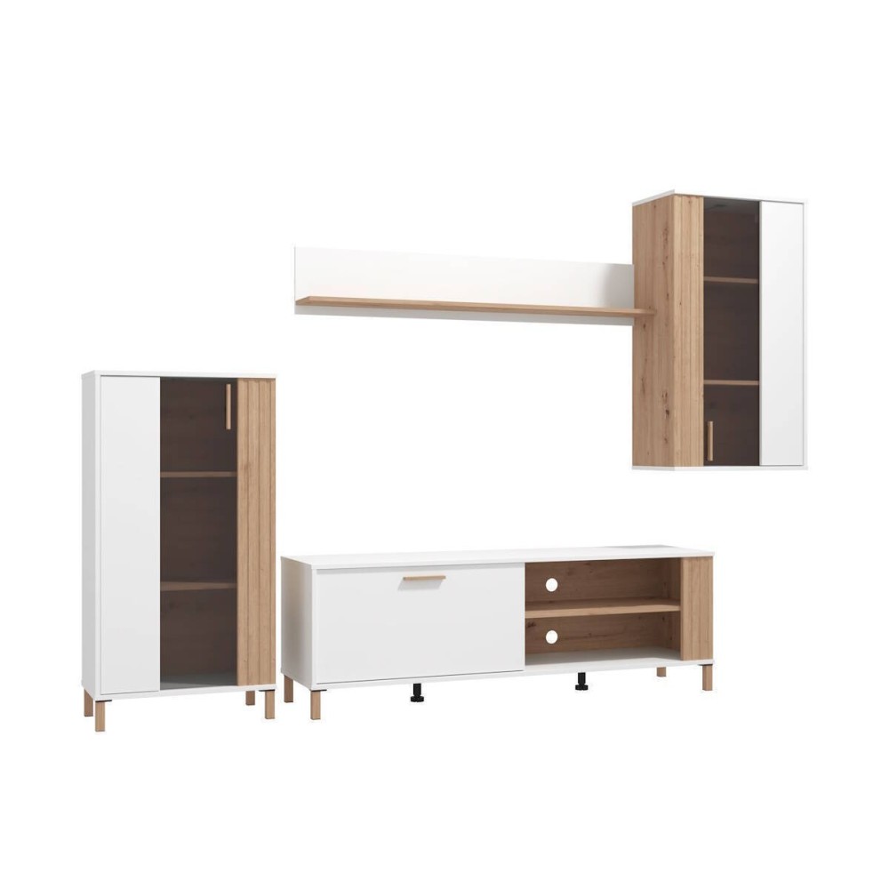 Composición de Salón en Roble Artisan y Blanco con Tiradores y Patas en Color Roble- Medidas 263x40x170 cm