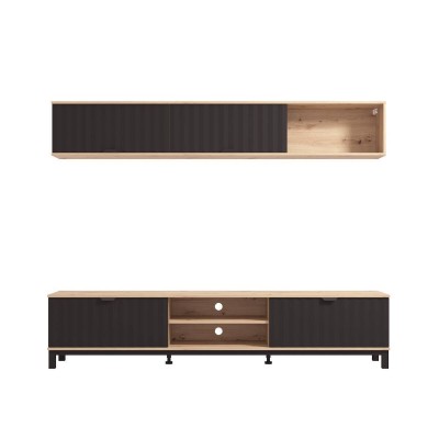 Composición de Salón en Melamina Aglomerada con Acabado Roble Artisan y Estructura Negra- Medidas 218x40x200 cm