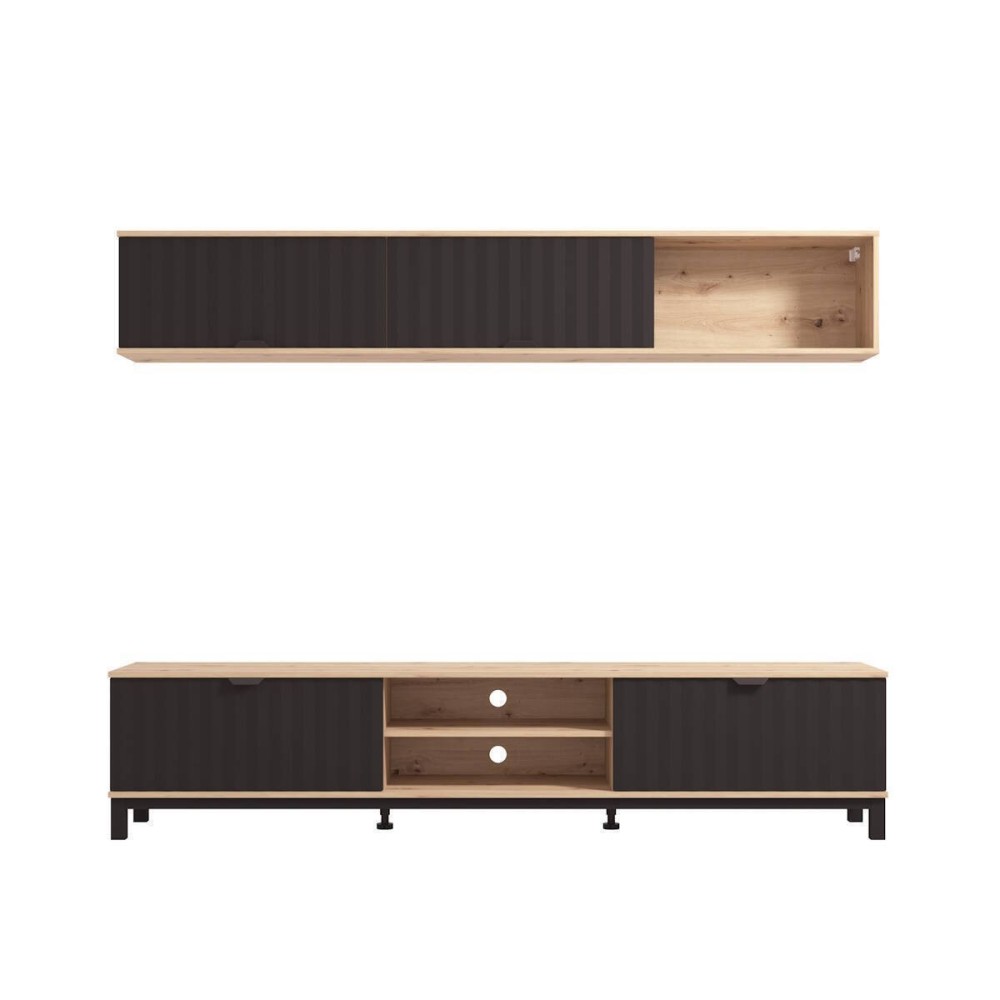 Composición de Salón en Melamina Aglomerada con Acabado Roble Artisan y Estructura Negra- Medidas 218x40x200 cm