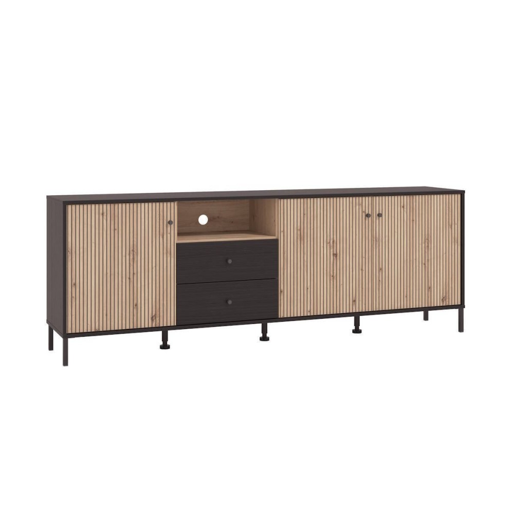 Mueble TV en Roble Artisan y Negro con 3 Puertas, 1 Hueco y 2 Cajones - Medidas 208x40x73,5 cm