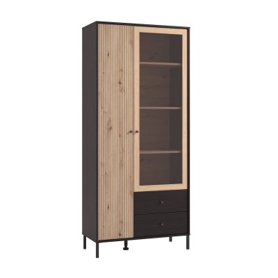Vitrina Alta en Roble Artisan y Negro con Puerta Estrecha, Puerta Acristalada y 2 Cajones - Medidas 86,5x40x195 cm