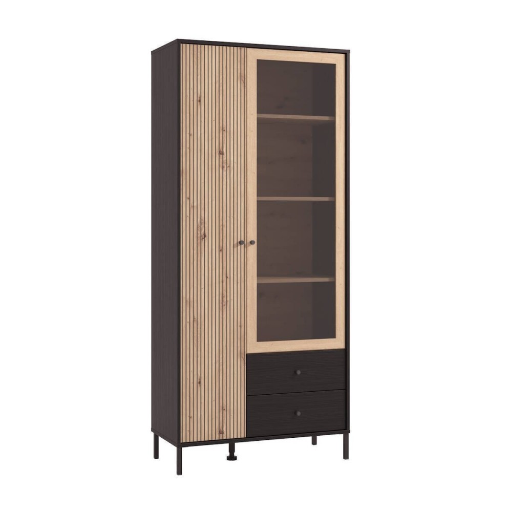 Vitrina Alta en Roble Artisan y Negro con Puerta Estrecha, Puerta Acristalada y 2 Cajones - Medidas 86,5x40x195 cm
