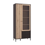 Vitrina Alta en Roble Artisan y Negro con Puerta Estrecha, Puerta Acristalada y 2 Cajones - Medidas 86,5x40x195 cm