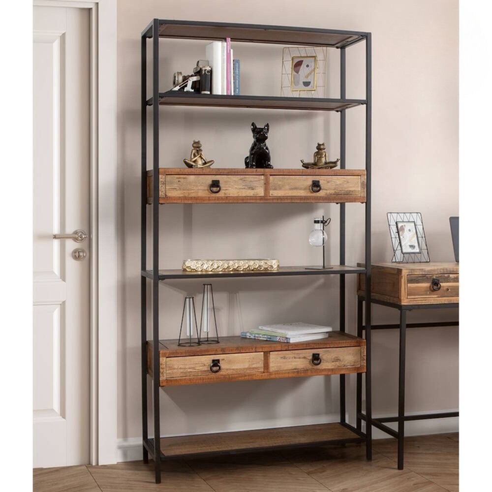 Estantería de Madera de Abeto con 4 Cajones y Estructura Metálica Negra- Medidas 90x36x182 cm