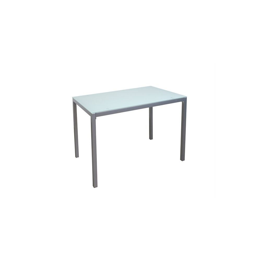 Mesa Fija para Cocina con Estructura de Acero Pintado Color Aluminio y Tapa de Cristal Templado Blanco - Medidas 110x70x75 cm