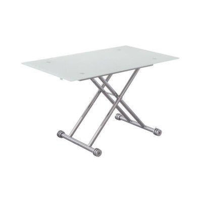Mesa de Centro Elevable, Cristal de 8 mm y Estructura con Ruedas - Tapa Color Blanco, Mueble Moderno - Medidas 120x70x40-75 cm