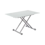 Mesa de Centro Elevable, Cristal de 8 mm y Estructura con Ruedas - Tapa Color Blanco, Mueble Moderno - Medidas 120x70x40-75 cm