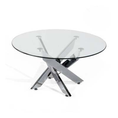 Mesa de Centro Redonda con Tapa de Cristal 8 mm y Patas Metálicas Cruzadas en Acabado Cromo - Mueble Moderno - Medidas 80x40 cm