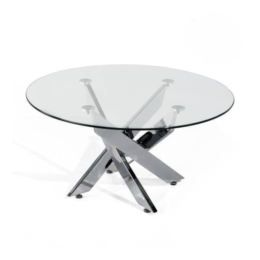 Mesa de Centro Redonda con Tapa de Cristal 8 mm y Patas Metálicas Cruzadas en Acabado Cromo - Mueble Moderno - Medidas 80x40 cm