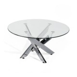 Mesa de Centro Redonda con Tapa de Cristal 8 mm y Patas Metálicas Cruzadas en Acabado Cromo - Mueble Moderno - Medidas 80x40 cm
