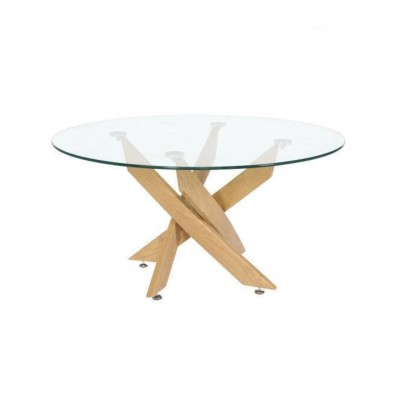 Mesa de Centro Redonda con Tapa de Cristal 8 mm y Patas Metálicas en Acabado Madera - Medidas 80x40 cm