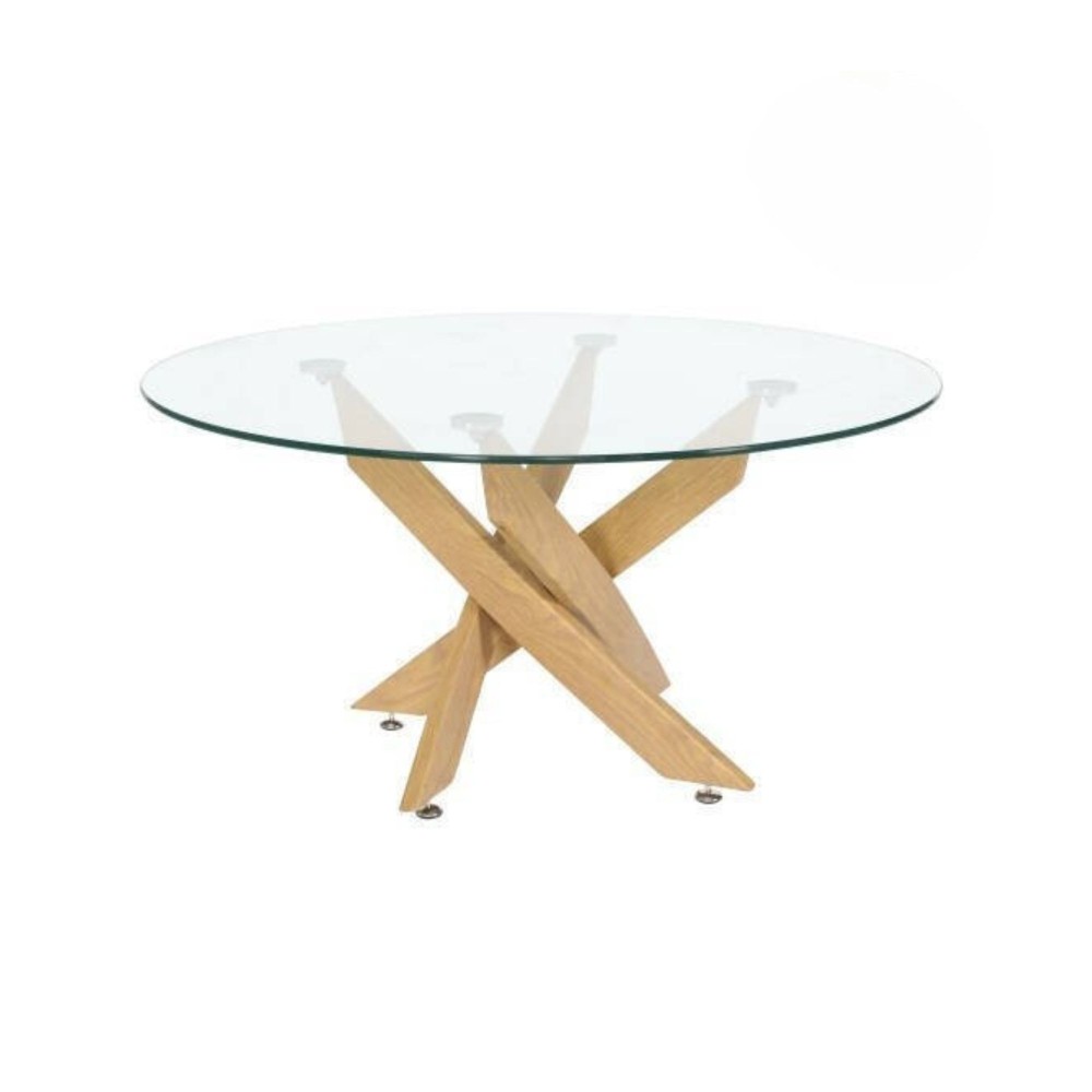 Mesa de Centro Redonda con Tapa de Cristal 8 mm y Patas Metálicas en Acabado Madera - Medidas 80x40 cm