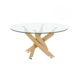 Mesa de Centro Redonda con Tapa de Cristal 8 mm y Patas Metálicas en Acabado Madera - Medidas 80x40 cm