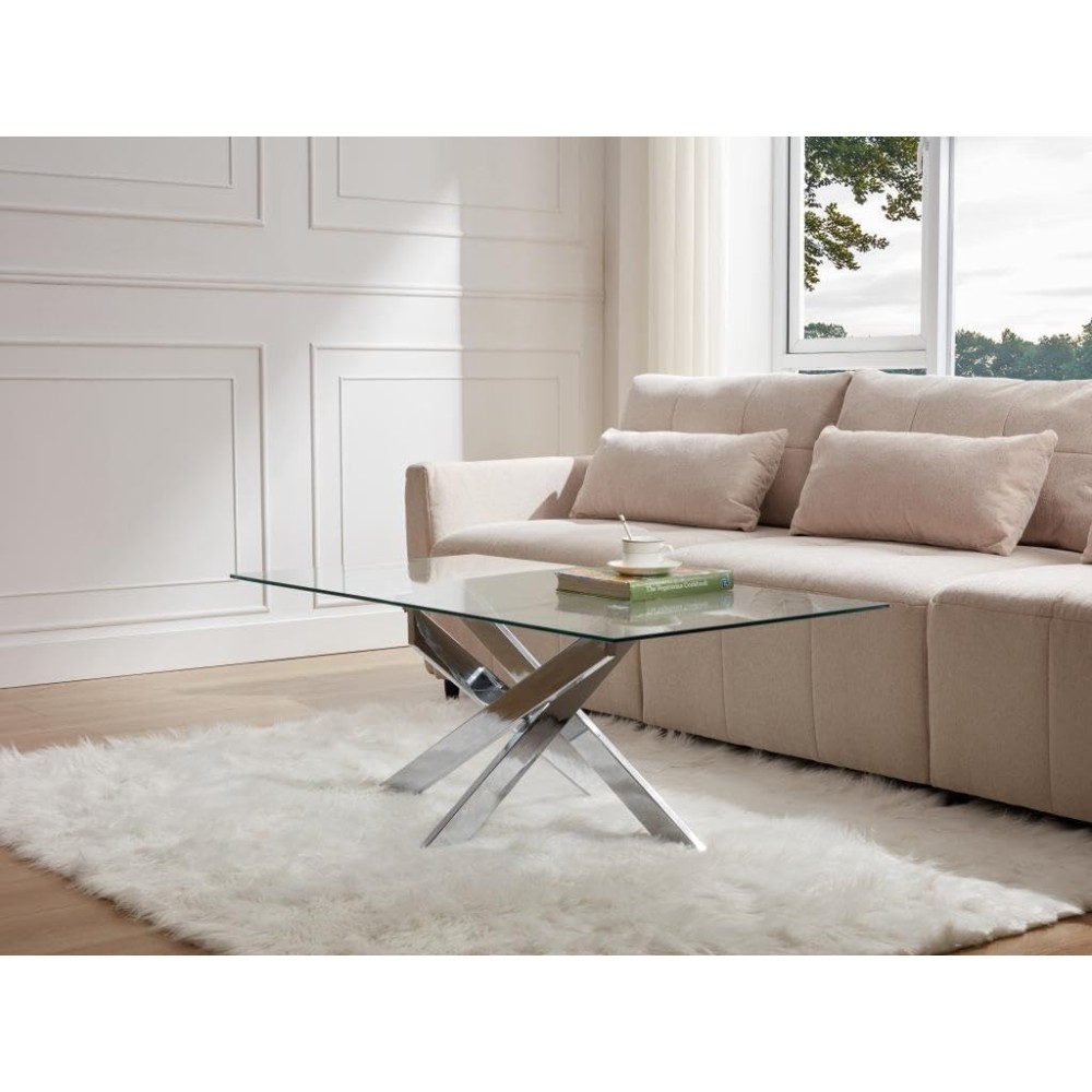 Mesa de Centro con Tapa de Cristal Templado de 8 mm y Patas Metálicas Cruzadas en Acabado Crema -  Medidas 110x55x45 cm