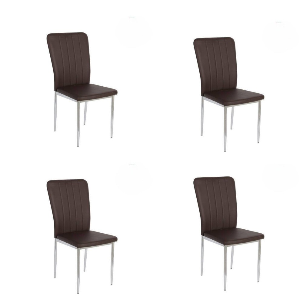 6 Sillas de Comedor con Relleno de Espuma, Tapizado en Símil Piel Chocolate y Patas Metálicas Cromadas - Medidas 44x91,5x47 cm