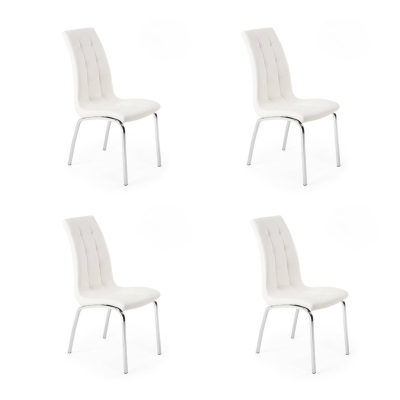 Juego de 4 Sillas Tapizadas en Símil Piel Blanco con Patas Cromadas, Asiento y Respaldo Ergonómicos- Medidas 43x63x97 cm