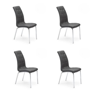 Juego de 4 Sillas Tapizadas en Símil Piel Gris Oscuro con Patas Cromadas, Asiento y Respaldo Ergonómicos- Medidas 43x63x97 cm