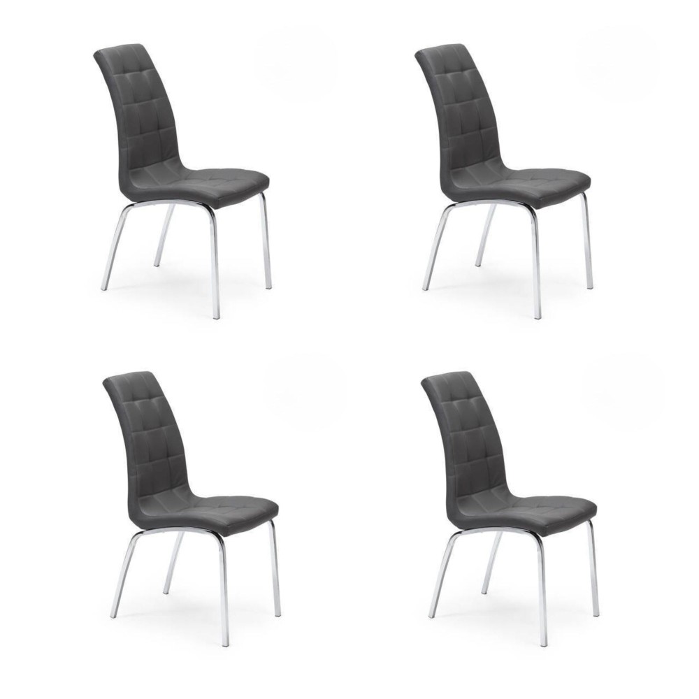 Juego de 4 Sillas Tapizadas en Símil Piel Gris Oscuro con Patas Cromadas, Asiento y Respaldo Ergonómicos- Medidas 43x63x97 cm