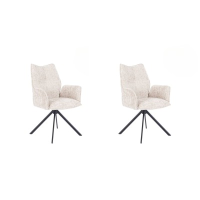 Juego de 2 Sillas con Brazos Tapizadas en Tela Beige y Patas en Acabado Negro, Mecanismo Giratorio 180º-  Medidas 63x62x93 cm