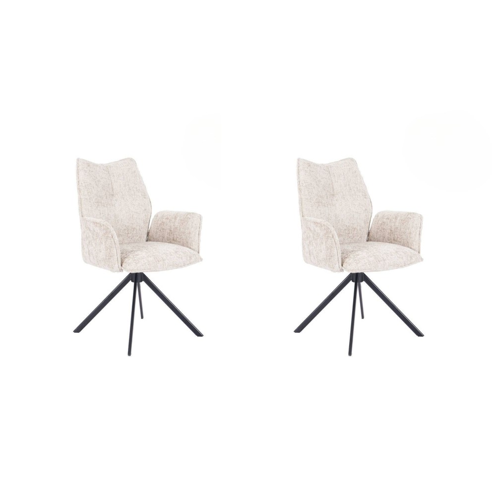 Juego de 2 Sillas con Brazos Tapizadas en Tela Beige y Patas en Acabado Negro, Mecanismo Giratorio 180º-  Medidas 63x62x93 cm