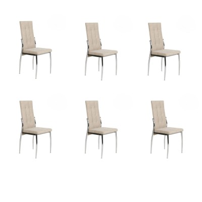6 Sillas Tapizadas en Tela Beige con Asiento y Respaldo Acolchados, Patas Cromadas - Medidas 45x46x100 cm