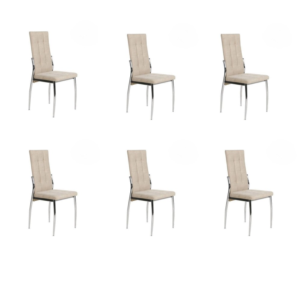 6 Sillas Tapizadas en Tela Beige con Asiento y Respaldo Acolchados, Patas Cromadas - Medidas 45x46x100 cm