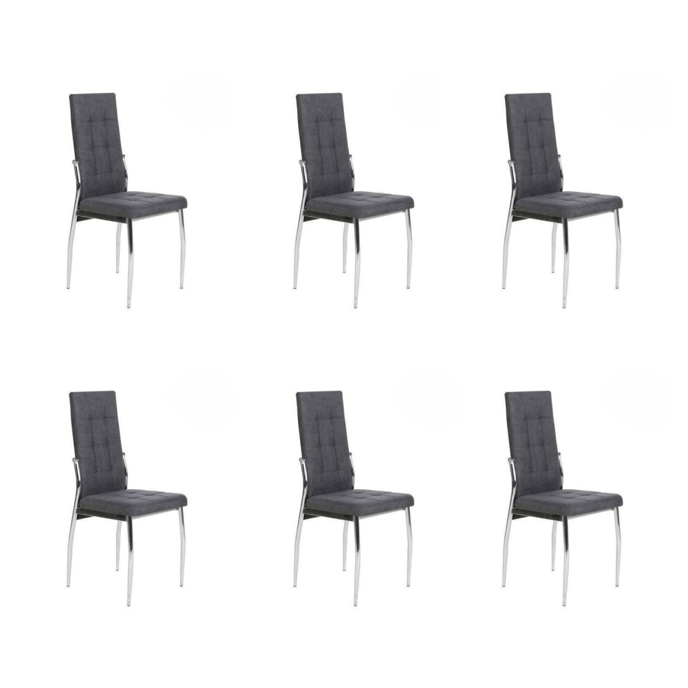 6 Sillas Tapizadas en Tela Gris con Asiento y Respaldo Acolchados, Patas Cromadas - Medidas 45x46x100 cm