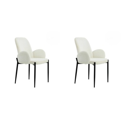 Juego de 2 Sillas con Brazos Tapizadas en Tela Blanca y Patas Metálicas Negras - Medidas 60x57x88 cm