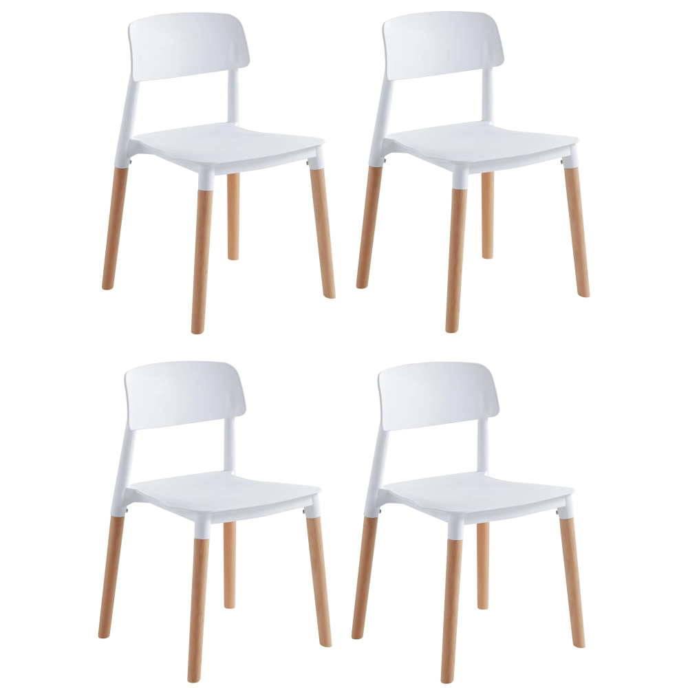 Pack de 4 Sillas Blancas con Patas de Madera de Haya, Asiento de Polipropileno,  Altura de 45 cm, Medidas Totales 42.5x48x76 cm