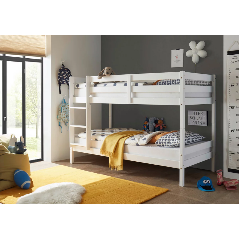 Litera Juvenil Convertible en Dos Camas Individuales, Madera Maciza de Pino, Escalera Reversible, Color Blanco, 97x207x140 cm