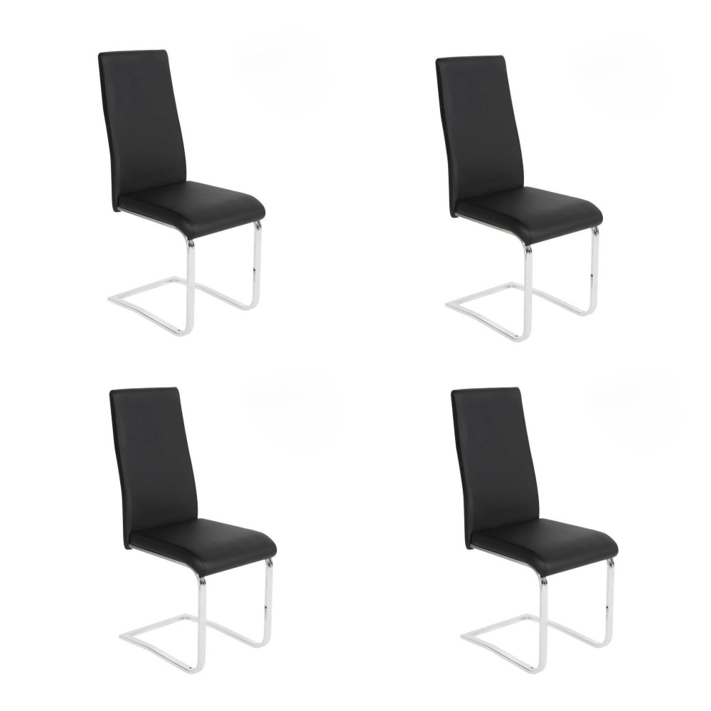Pack de 4 Sillas Tapizadas en Símil Piel Negra con Pata de Tubo Ovalado en Acabado Cromo, Medidas 46x54x110 cm