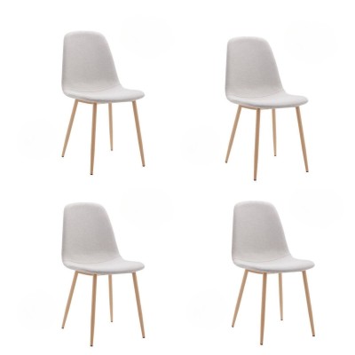 Pack de 4 Sillas con Estructura Tapizada en Tela Beige Claro, Patas Metálicas con Acabado Madera, Medidas 44x53x86 cm