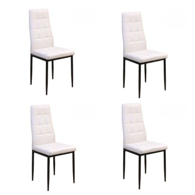 Pack de 4 Sillas Tapizadas en Tela Polipiel Blanca con Costuras Acolchadas, Patas Metálicas en Color Negro, Medidas 43x56x96 cm