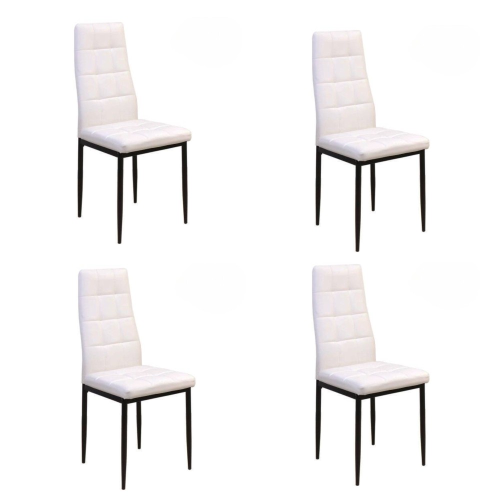 Pack de 4 Sillas Tapizadas en Tela Polipiel Blanca con Costuras Acolchadas, Patas Metálicas en Color Negro, Medidas 43x56x96 cm