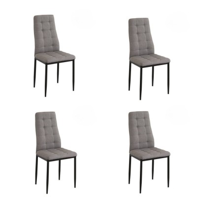Pack de 4 Sillas Tapizadas en Tela Polipiel Gris con Costuras Acolchadas, Patas Metálicas en Color Negro, Medidas 43x56x96 cm