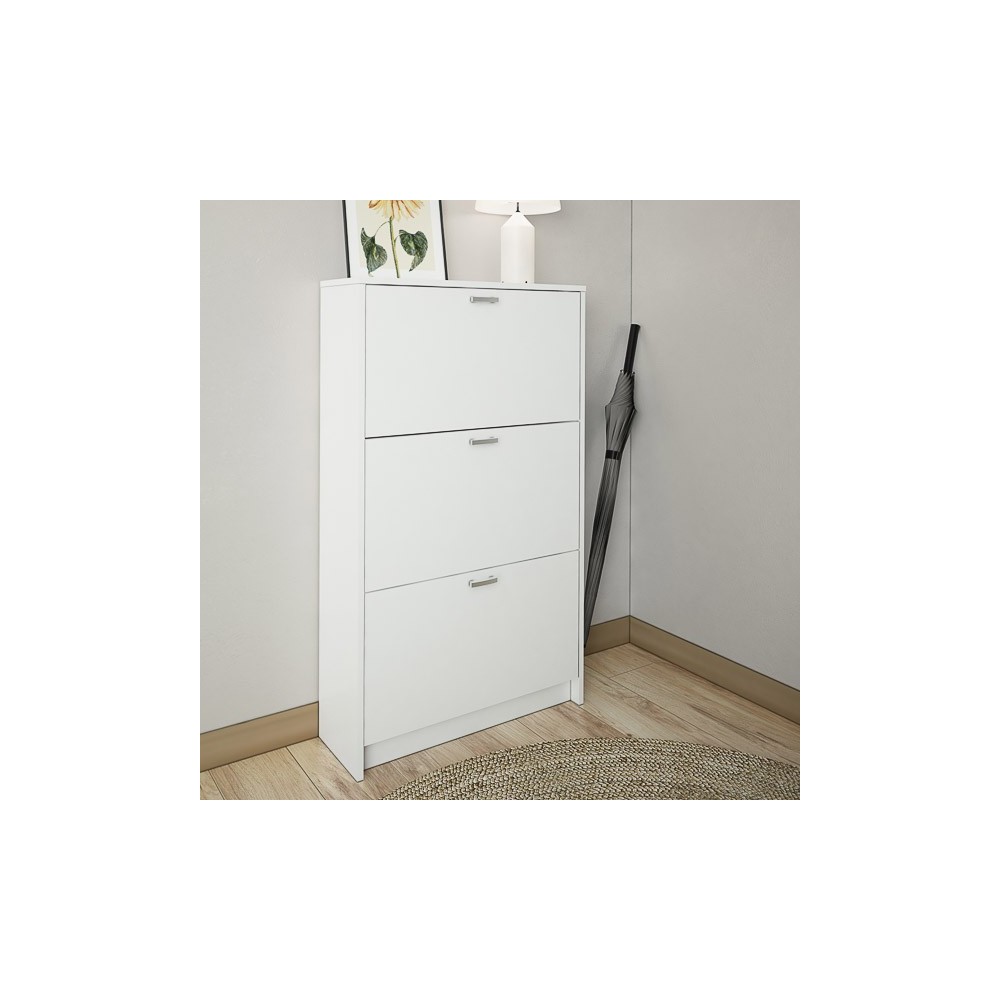 Zapatero Compacto Blanco – Mueble con 3 Puertas y Doble Profundidad | MDF con Acabado Melamina | 70 x 25 x 120 cm