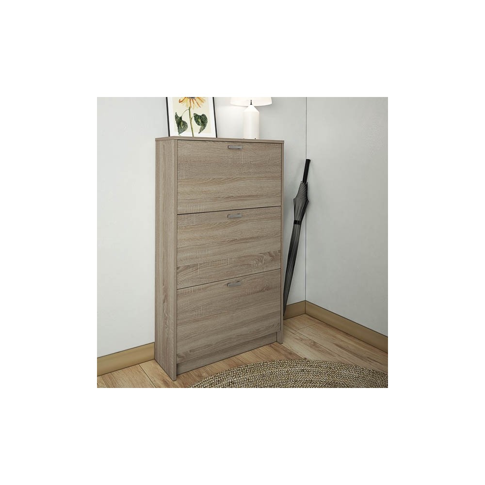 Zapatero Compacto Roble – Mueble con 3 Puertas y Doble Profundidad | MDF con Acabado Melamina | 70 x 25 x 120 cm