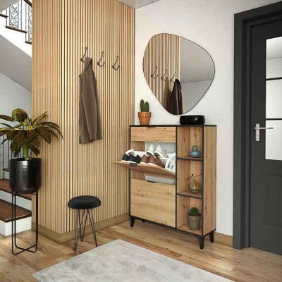 Mueble Zapatero de Entrada – 2 Puertas y 1 Cajón | Color Roble/Pizarra | 110 x 90 x 24,5 cm