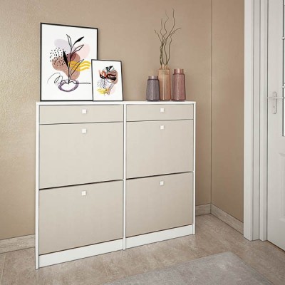 Mueble Zapatero con 4 Puertas y 2 Cajones | Acabado Blanco/Textil | 116,8 x 104,3 x 27 cm