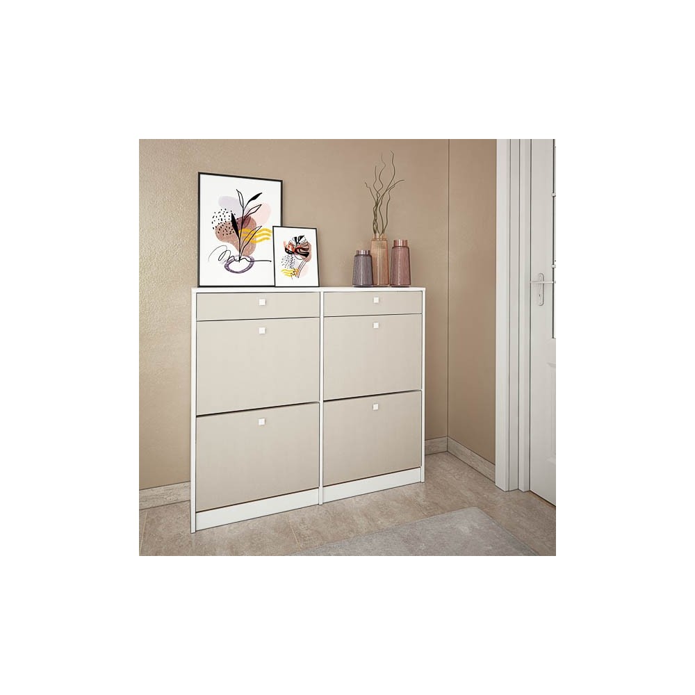 Mueble Zapatero con 4 Puertas y 2 Cajones | Acabado Blanco/Textil | 116,8 x 104,3 x 27 cm