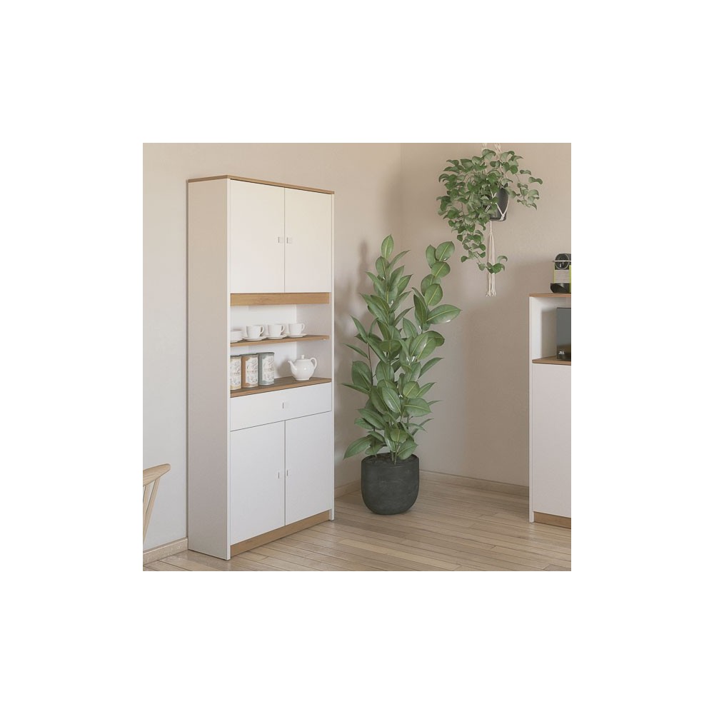 Armario Multiusos Tipo Buffet con 4 Puertas – Acabado Blanco y Roble – 180 x 67 x 29 cm (alto x ancho x fondo)