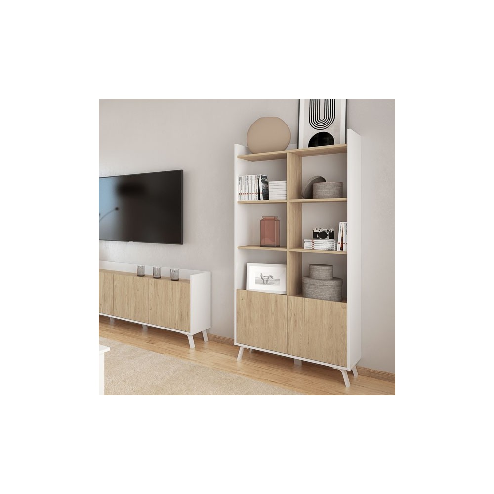 Estantería Decorativa, Librería, Separador Ambientes, Acabado en Roble y Blanco,171 cm (Al) x 80 cm (Anc) x 33,5 cm (Fon)