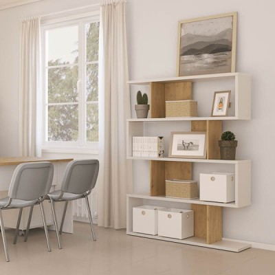 Estantería Salón, Librería, Color Blanco y Roble, Medidas: 152 cm (Alto) x 110 cm (Ancho) x 28,5 cm (Fondo