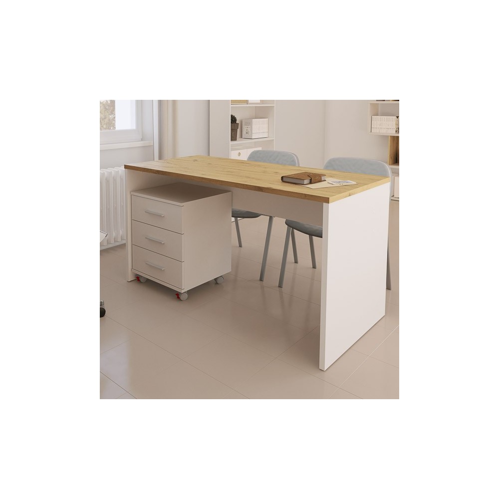 Mesa de Escritorio 138 Cm de ancho con patas de Madera Blanca y tapa Color Roble 67x75x138 Cm