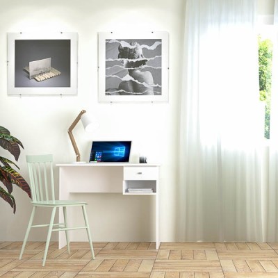 Mesa de Escritorio y Trabajo en Color Blanco, 90x50x74cm - Con Cajón y Estante para Oficina o Estudio