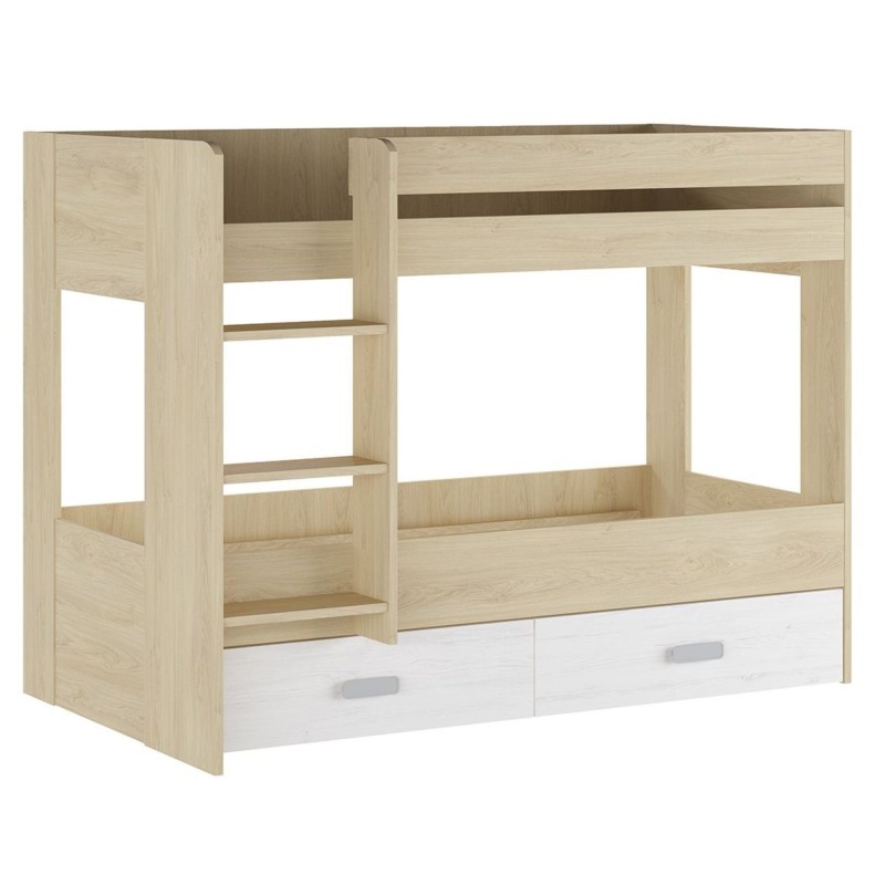 Litera con Cajonera en Blanco y Natural - 95.6 cm (Largo) x 195.4 cm (Ancho) x 146.6 cm (Alto)