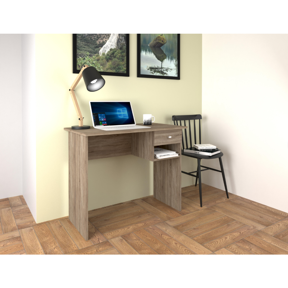 Mesa de Escritorio y Trabajo en Color Roble, 90x50x74cm - Con Cajón y Estante para Oficina o Estudio