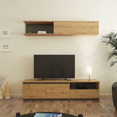 Mueble de TV de Diseño + Modulo Alto de Almacenamiento y 2 Puertas,Roble y Gris 85 cm(Alto) x 200cm (Ancho) x 40cm (Fondo)