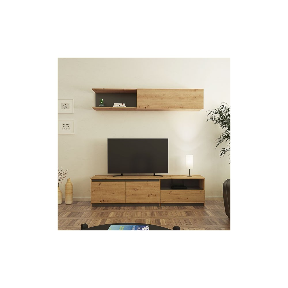 Mueble de TV de Diseño + Modulo Alto de Almacenamiento y 2 Puertas,Roble y Gris 85 cm(Alto) x 200cm (Ancho) x 40cm (Fondo)